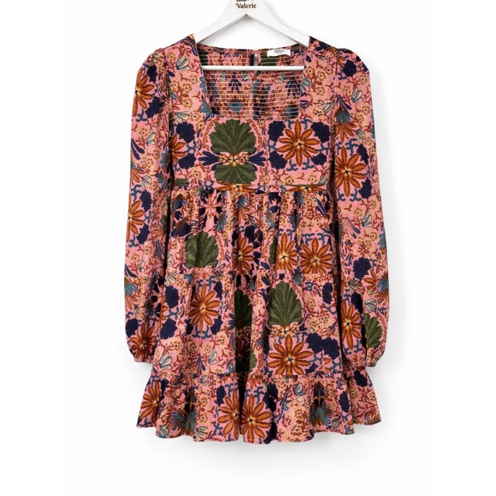Avara Floral Babydoll Mini Dress Long Sleeve Boho Size Large Multicolor